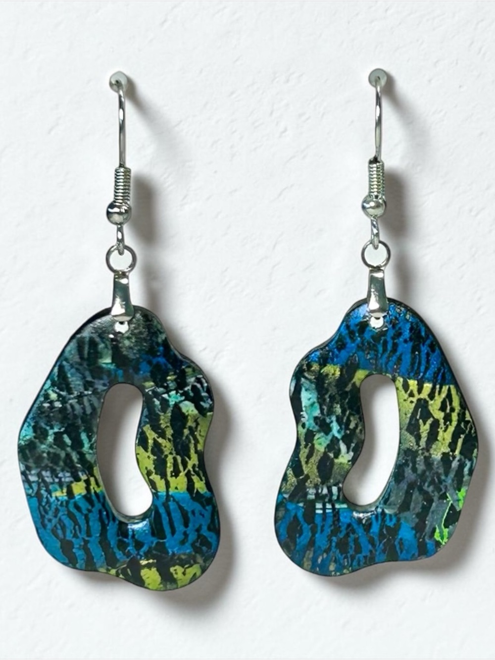 Handmade Blue Green Metallic Polymer Clay Dangle Earrings Stainless Steel Wires - Picture 3 of 6